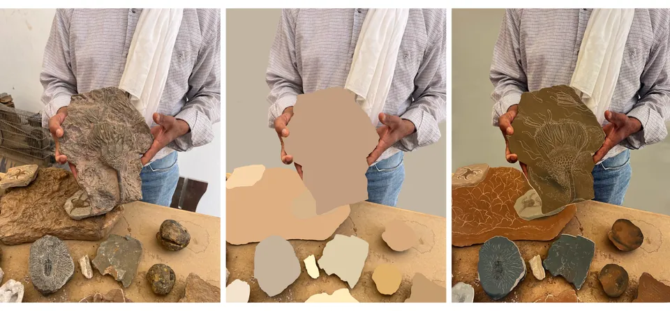 Triptyque : des mains tiennent une pierre fossile — en photographie, puis en aplats numériques, puis en gravure en relief.